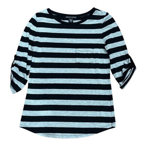 American Dream Shirt Womens Small Black Gray Striped 3/4 Sleeve Pocket Top